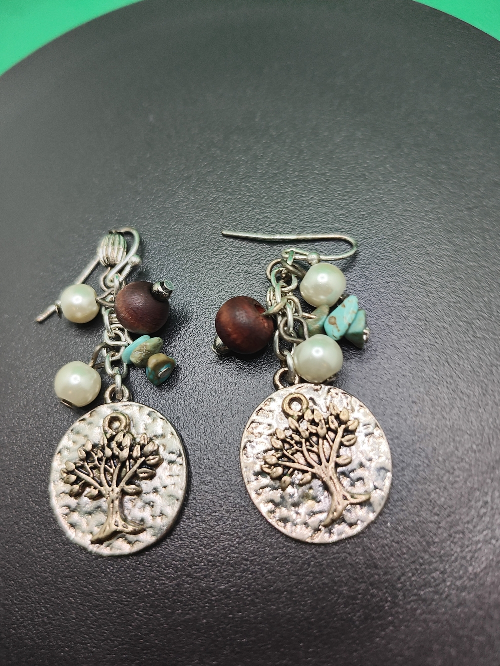 Tree of Life Dangle Earrings with Turquoise, Pearl & Wood Beads - Silver Tone